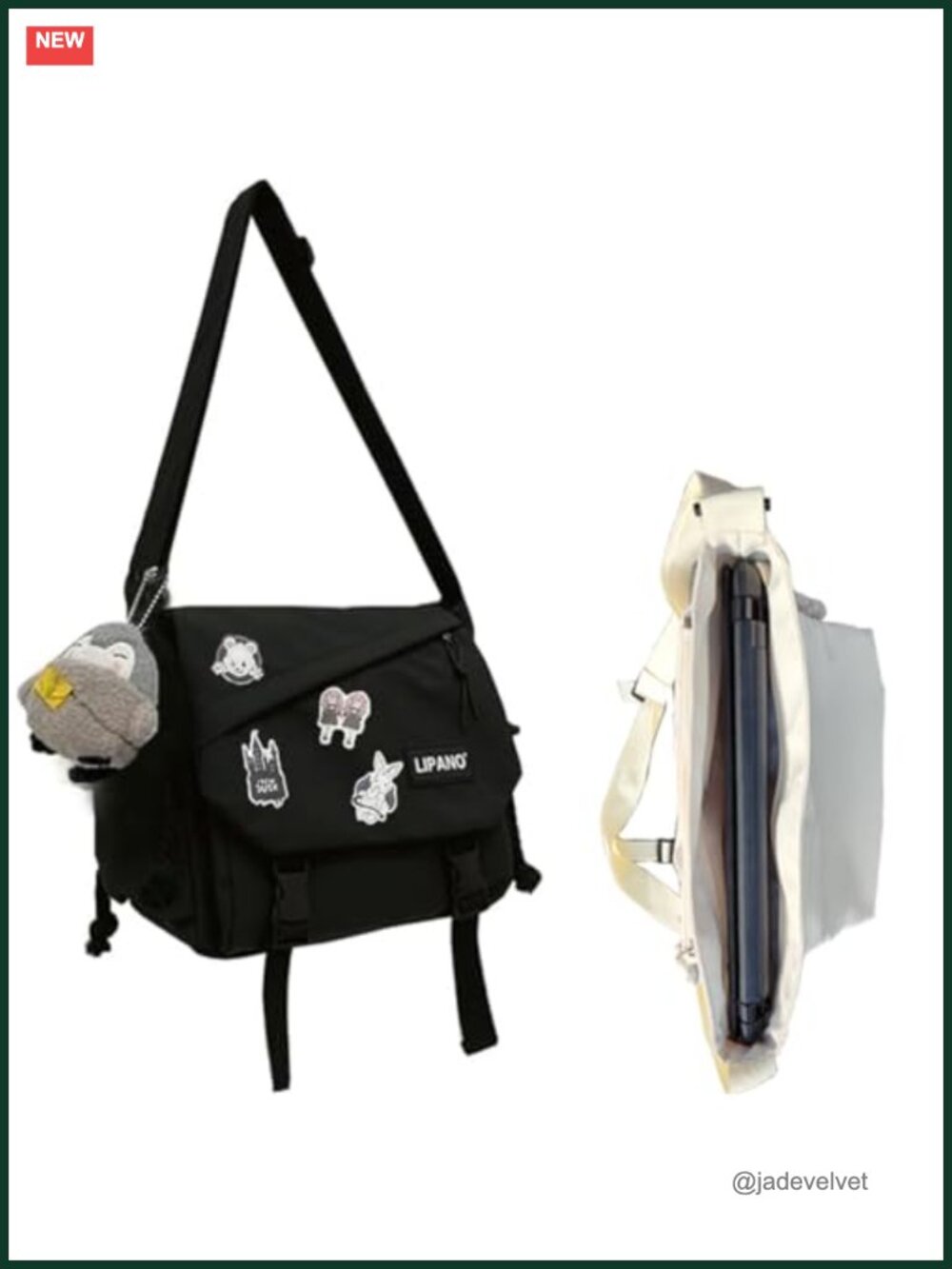 Nylon Kawaii Crossbody Laptop Messenger Bag with Pins and Plush Charm, Fits